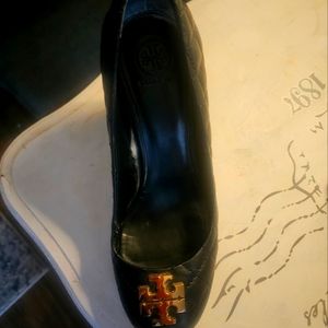 For sale with box . Tory Burch authentic wedges . Size 8.5. Color black. 3 inch